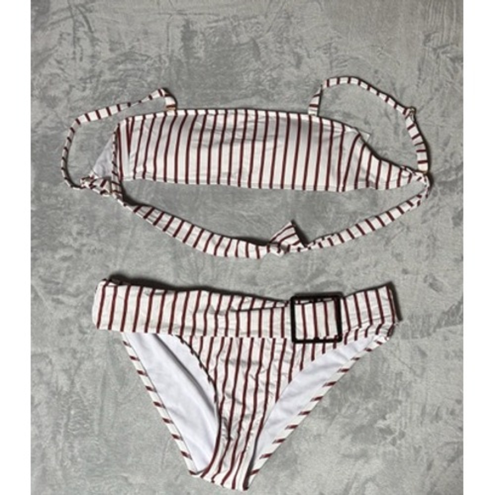 WeWoreWhat Bikini Set LTop XL Buckle Bottom Red and White Stripe Bandeau Coastal